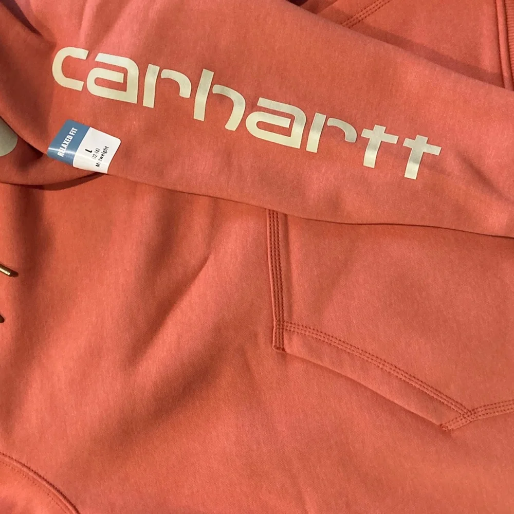 Carhartt Women’s Relaxed Fit Logo Sleeve Graphic Hoodie - Earthen Clay Heather - Picture 3 of 4
